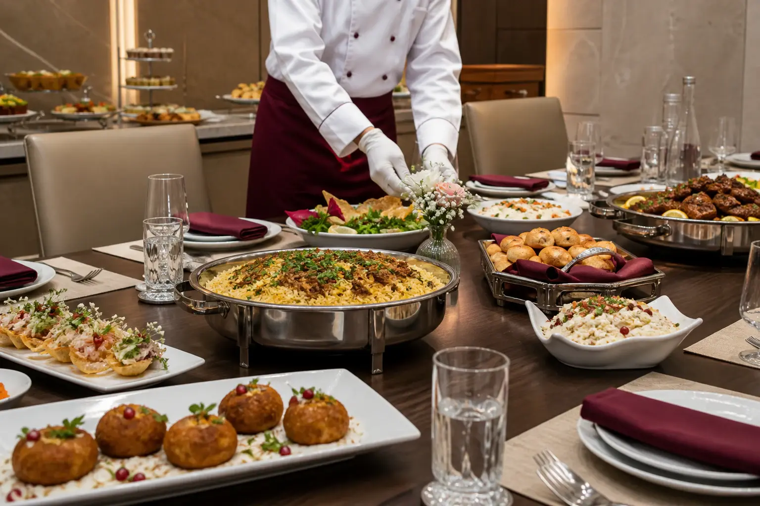 Executive boardroom dining table prepared with Arabic and Continental dishes by a face-free catering team