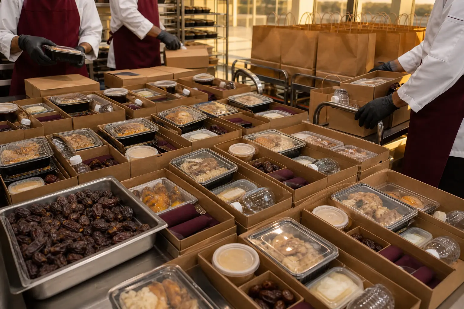 Large Iftar meal campaign with dates, water, hot meals, and face-free staff preparing orders